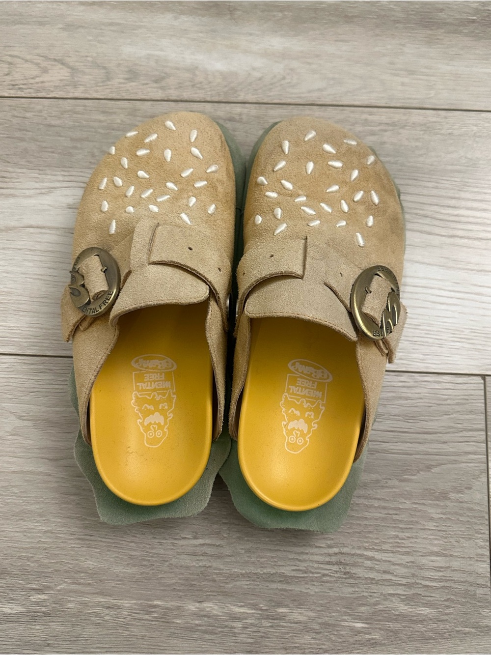 Kids Suede Clog Shoes in Tan with Yellow Insole